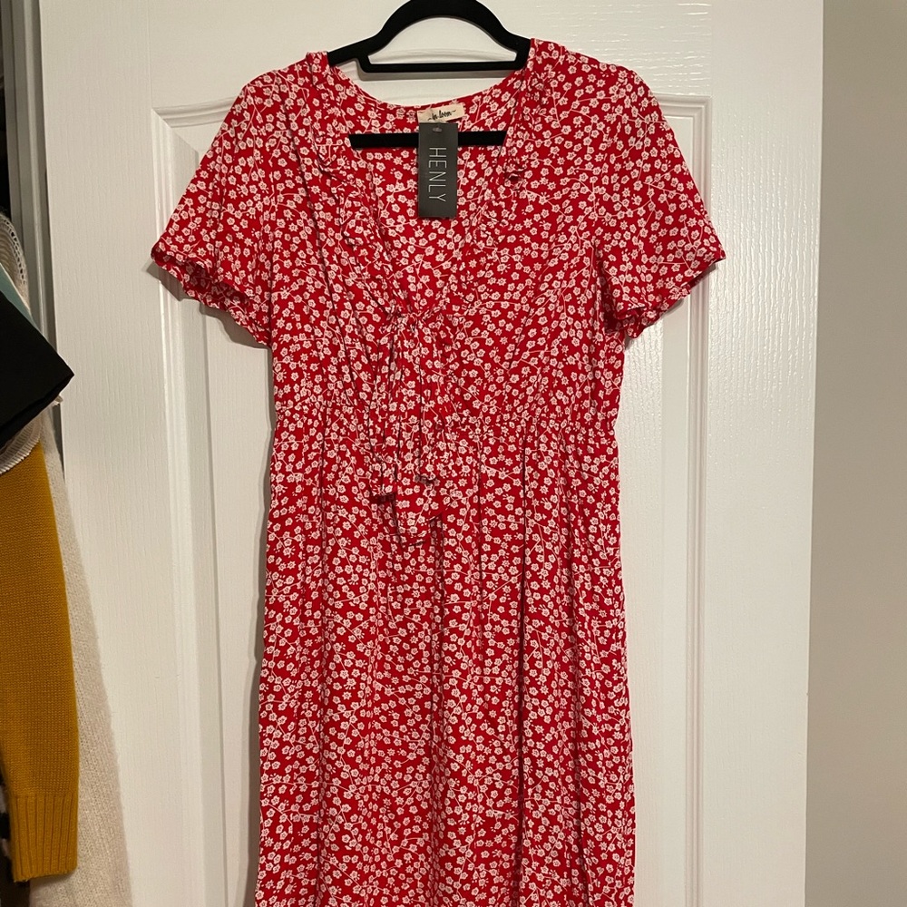 In loom, large, red and white dress